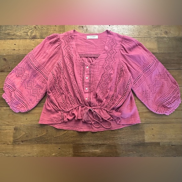 LUCKY BRAND Raspberry Pink Puff Sleeve Blouse with Tassel Tie in the Front Boho - Picture 2 of 12